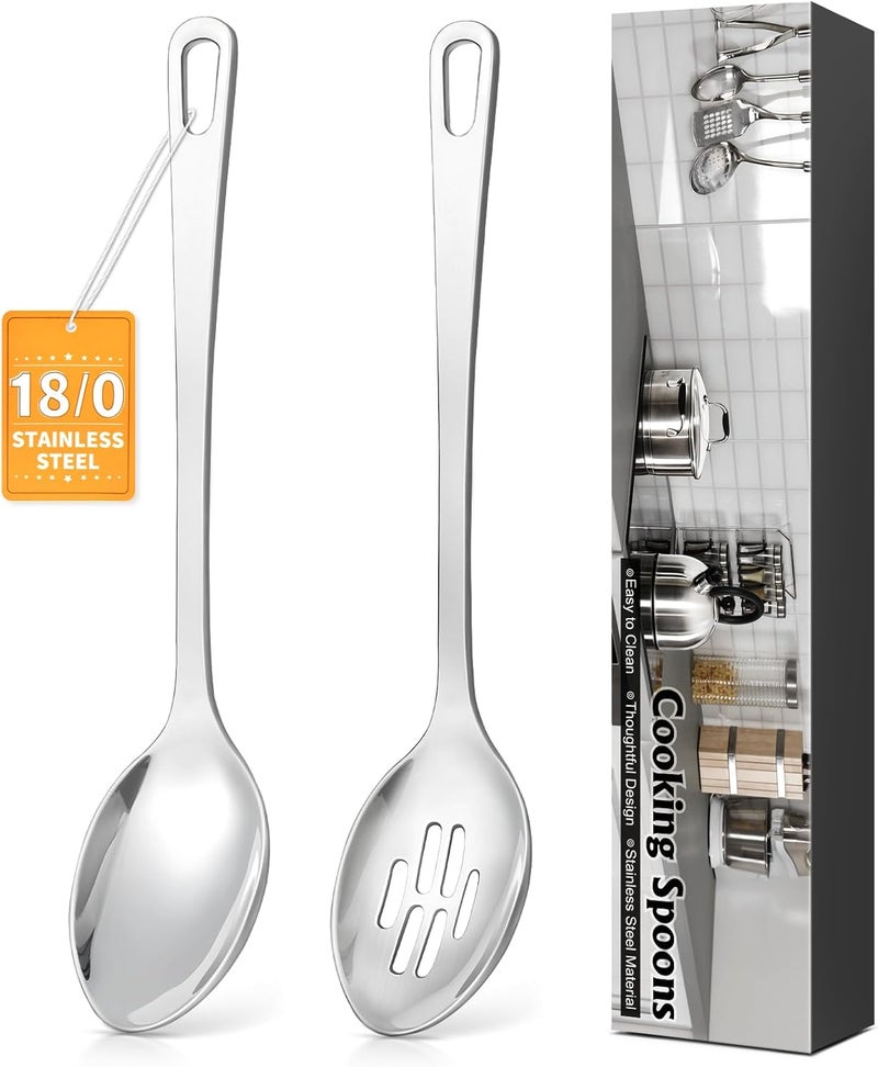 MemoGem 2 Pcs Spoon Cooking Utensils Set, Stainless Steel Kitchen Utensils, Heat Resistant Metal Kitchen Tools Include Solid & Slotted Turner Spoons, Serving Spoon, Ergonomic Handle, Easy to Clean, Silver - Image 1