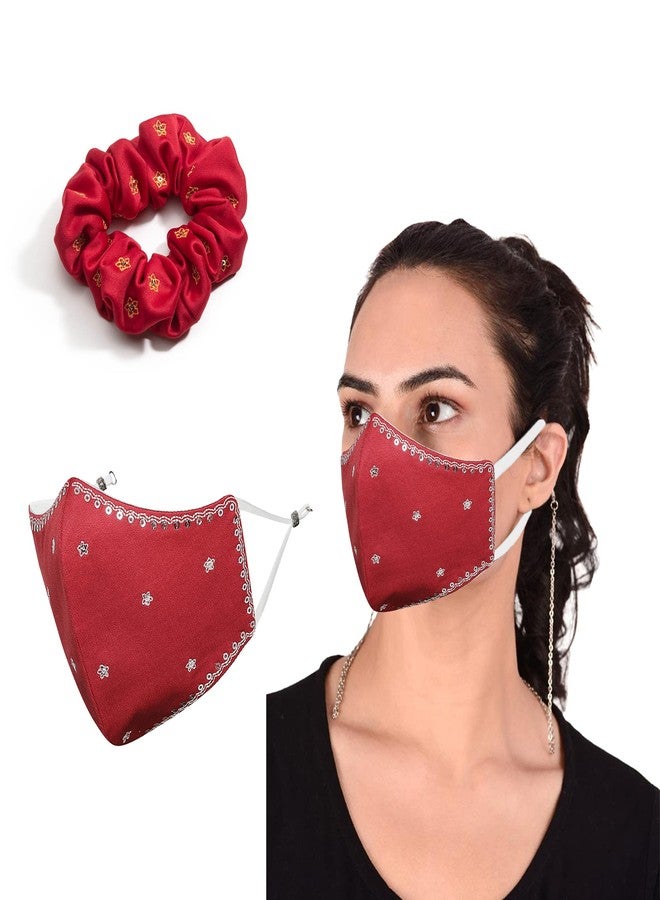 MASQ by Q-One Shubh Embroidered, Scrunchie & 4 Layer Cotton Cloth Face Mask Combo with Detachable Chain for Women in Medium Size (Red, Pack of 2) - Image 1