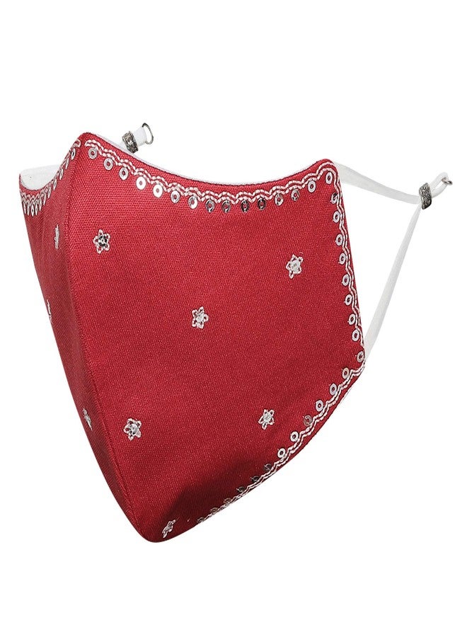 MASQ by Q-One Shubh Embroidered, Scrunchie & 4 Layer Cotton Cloth Face Mask Combo with Detachable Chain for Women in Medium Size (Red, Pack of 2) - Image 2