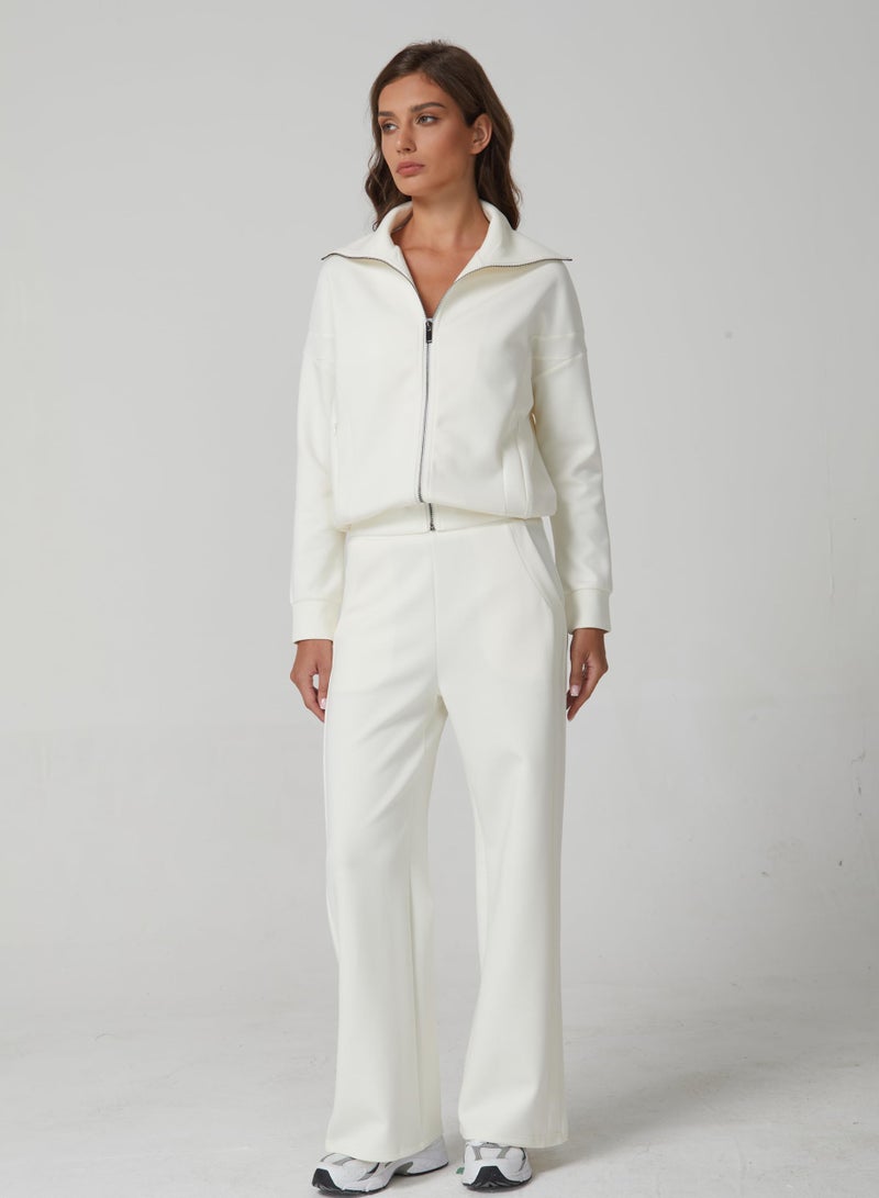 QINSEN Women's 2 Piece Matching Set Long Sleeve Zip Up Lapel Jacket High Waist Wide Leg Pants Tracksuit Beige S - Image 2