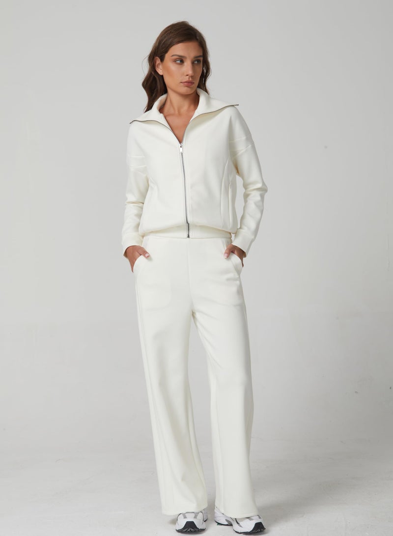 QINSEN Women's 2 Piece Matching Set Long Sleeve Zip Up Lapel Jacket High Waist Wide Leg Pants Tracksuit Beige S - Image 3