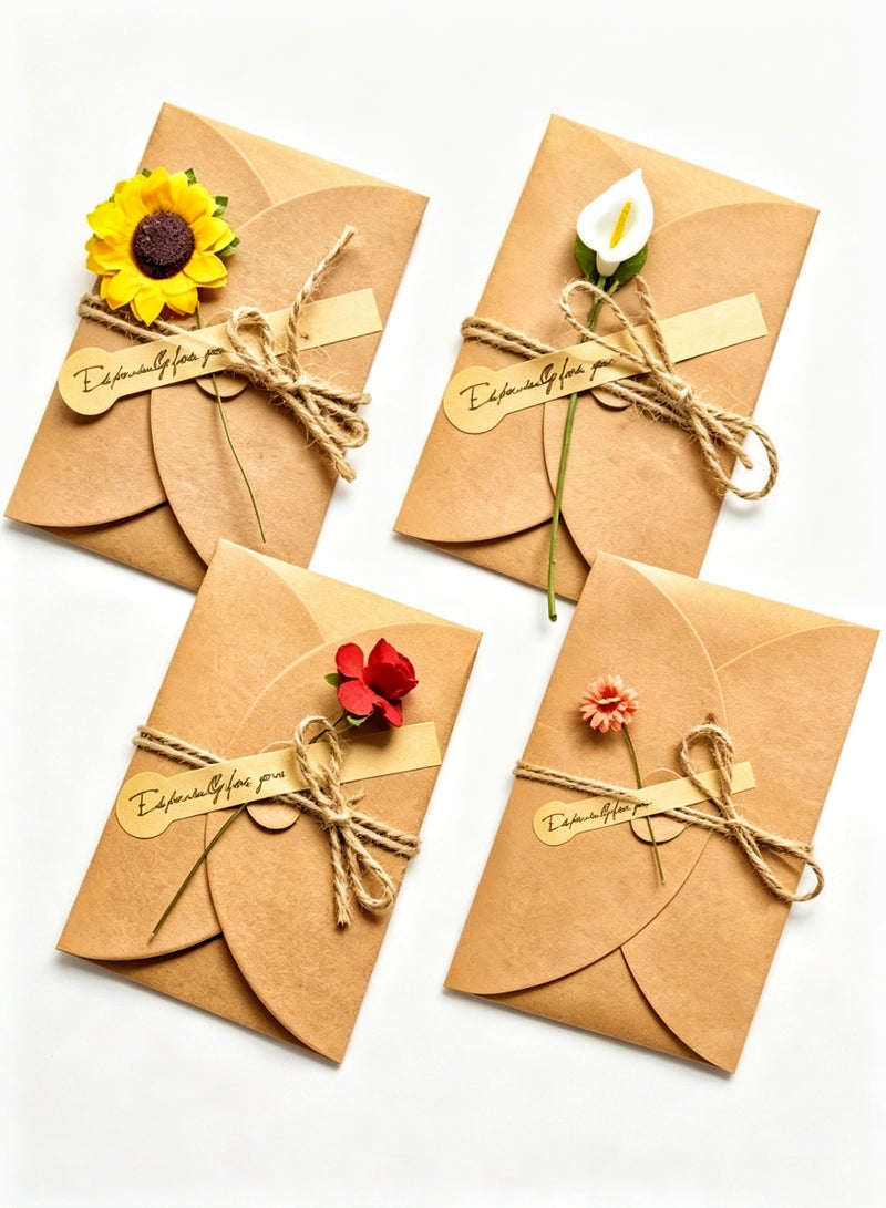 Hirospace 4 Pack Brown Kraft Greeting Cards with Envelopes, 3.9*2.7 Inch Dried Floral Design Cards with Stickers & Twine, Boho Floral Note Cards - Image 3