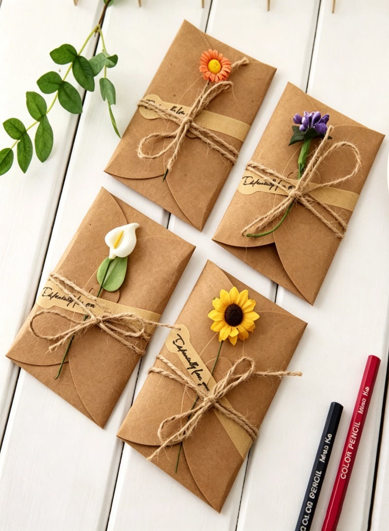 Hirospace 4 Pack Brown Kraft Greeting Cards with Envelopes, 3.9*2.7 Inch Dried Floral Design Cards with Stickers & Twine, Boho Floral Note Cards - Image 1