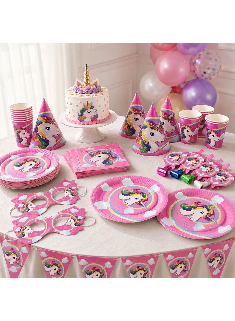 37 Pcs Unicorn Theme Kids Party Set, Birthday Party Tableware Kit with Plates, Cups, Tissues, Masks, Straws, Paper Hats and Banner - Image 2