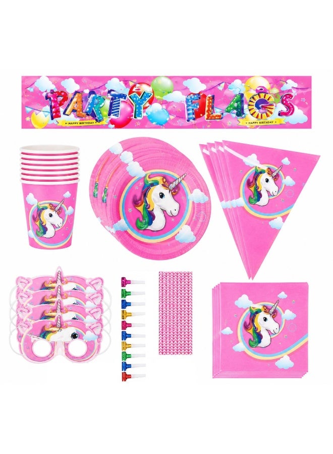 37 Pcs Unicorn Theme Kids Party Set, Birthday Party Tableware Kit with Plates, Cups, Tissues, Masks, Straws, Paper Hats and Banner - Image 5
