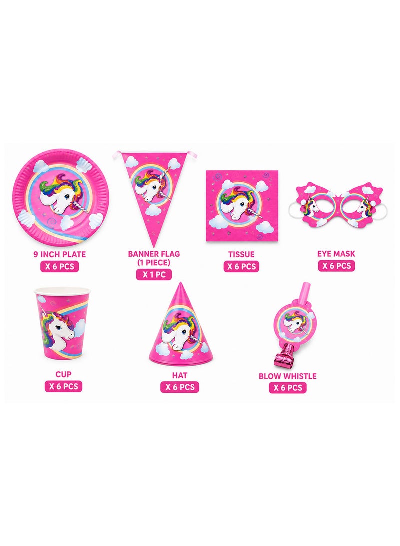 37 Pcs Unicorn Theme Kids Party Set, Birthday Party Tableware Kit with Plates, Cups, Tissues, Masks, Straws, Paper Hats and Banner - Image 1