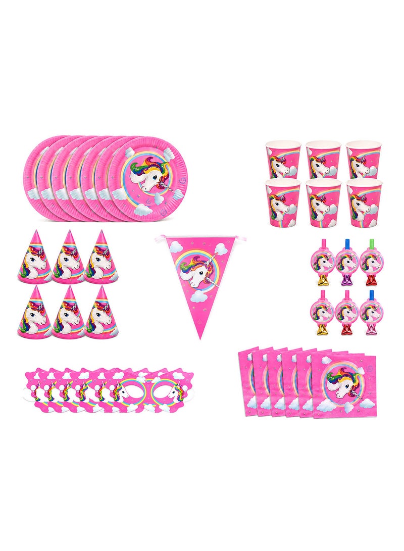 37 Pcs Unicorn Theme Kids Party Set, Birthday Party Tableware Kit with Plates, Cups, Tissues, Masks, Straws, Paper Hats and Banner - Image 3