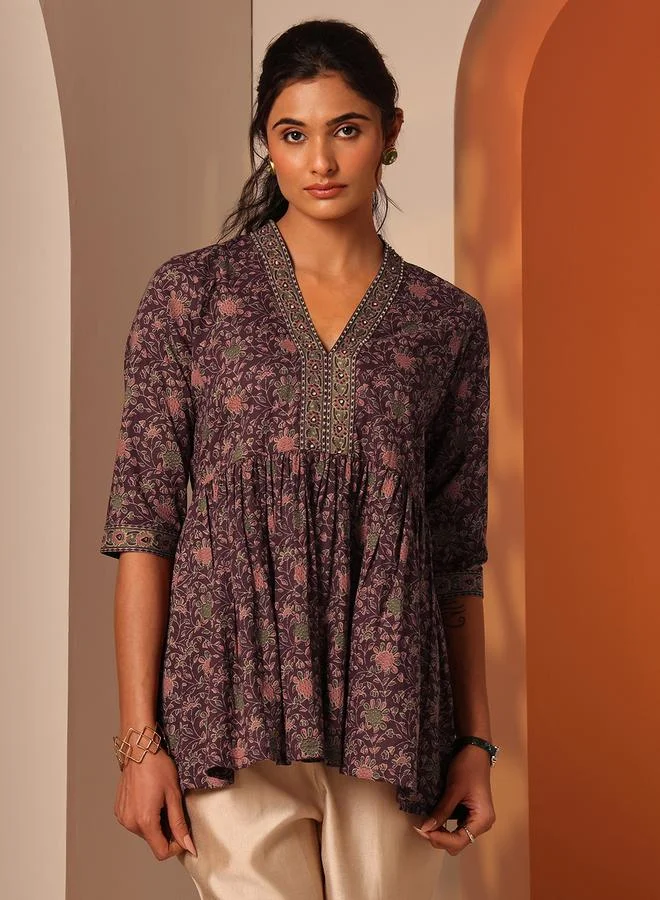 لباس Burgundy Printed Cotton Anarkali Kurti