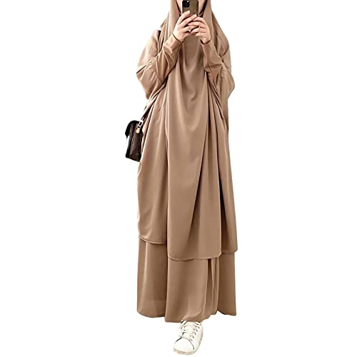 FPOVFPO Womens Muslim Abaya Solid 2 Piece Prayer Dress Islamic Maxi Kaftan with Hijab Dubai Full Length Dress - Image 1