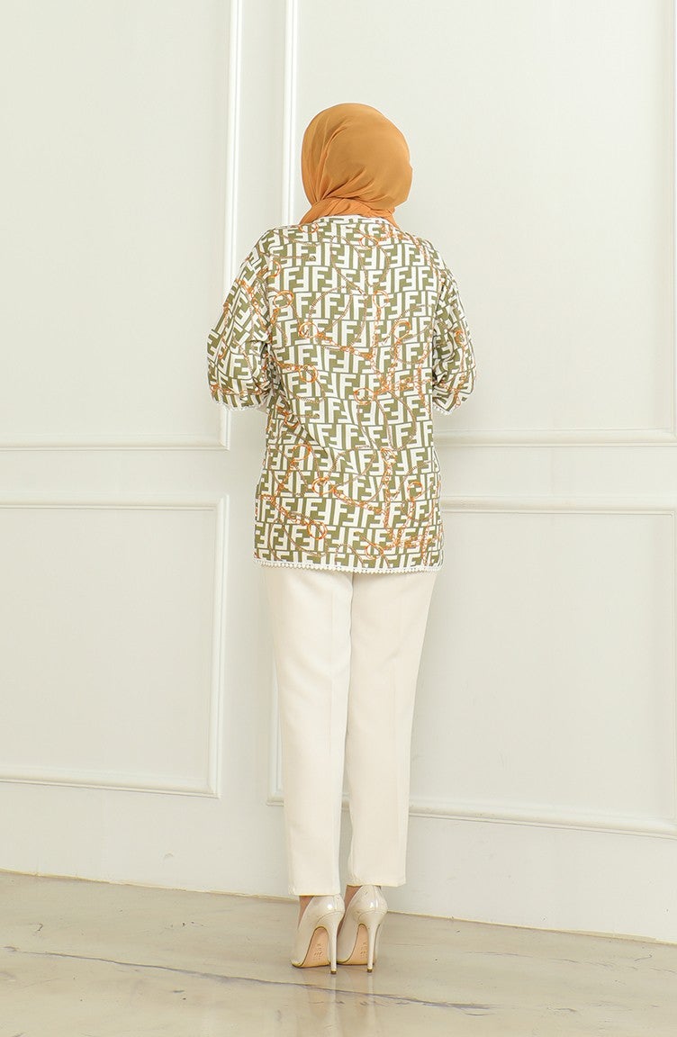 Patterned Viscose Kimono 83006C-01 Khaki Ecru