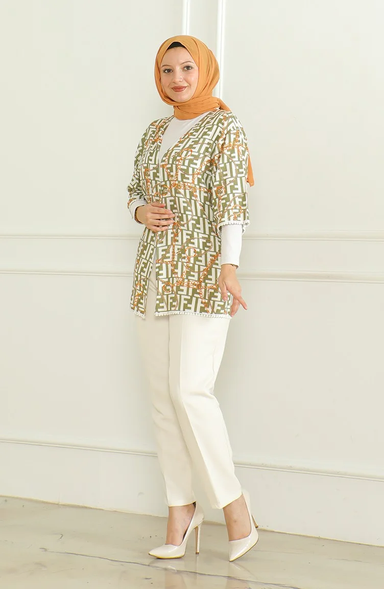 Sefa Merve Patterned Viscose Kimono 83006C-01 Khaki Ecru