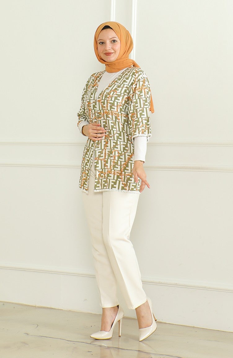 Patterned Viscose Kimono 83006C-01 Khaki Ecru