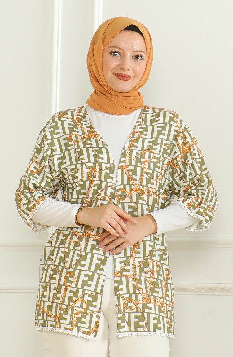 Patterned Viscose Kimono 83006C-01 Khaki Ecru