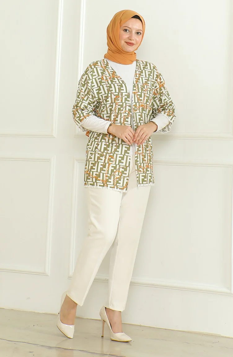 Sefa Merve Patterned Viscose Kimono 83006C-01 Khaki Ecru