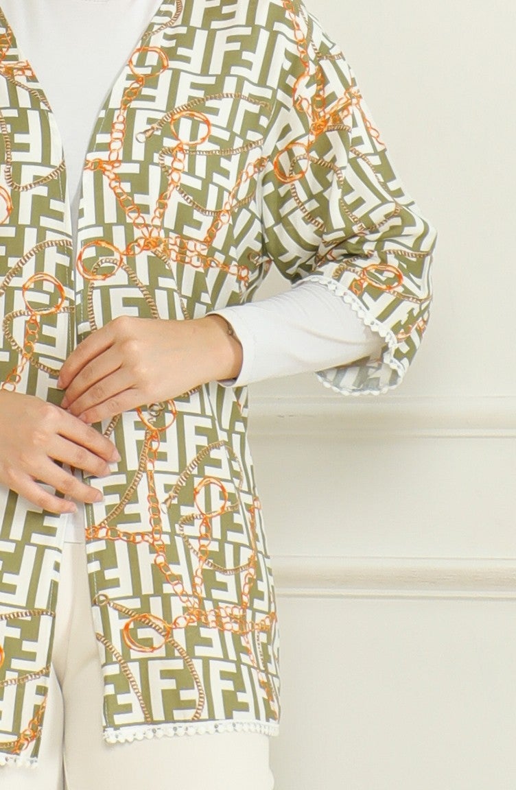 Patterned Viscose Kimono 83006C-01 Khaki Ecru