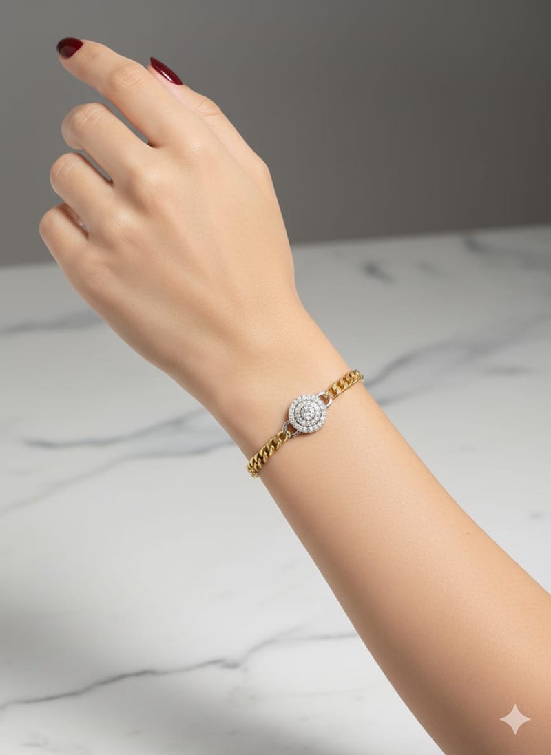 A flowing, thick gold-plated chain design with a circle pendant and a shiny silver-plated center - with additional links for adjusting the size. - Image 5