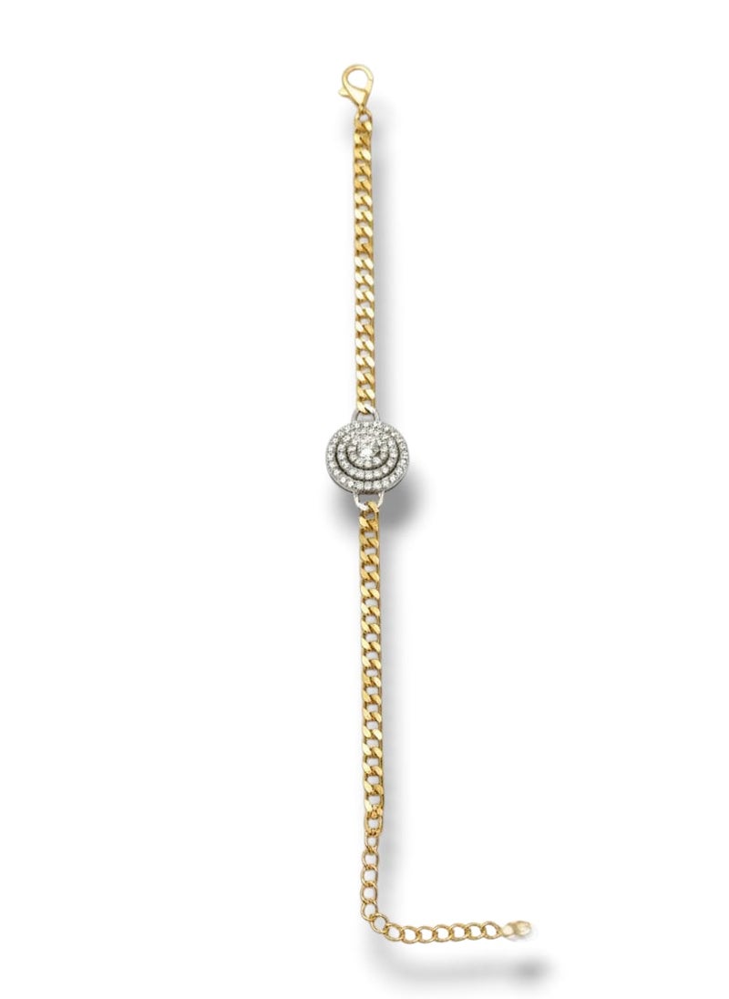 A flowing, thick gold-plated chain design with a circle pendant and a shiny silver-plated center - with additional links for adjusting the size. - Image 1