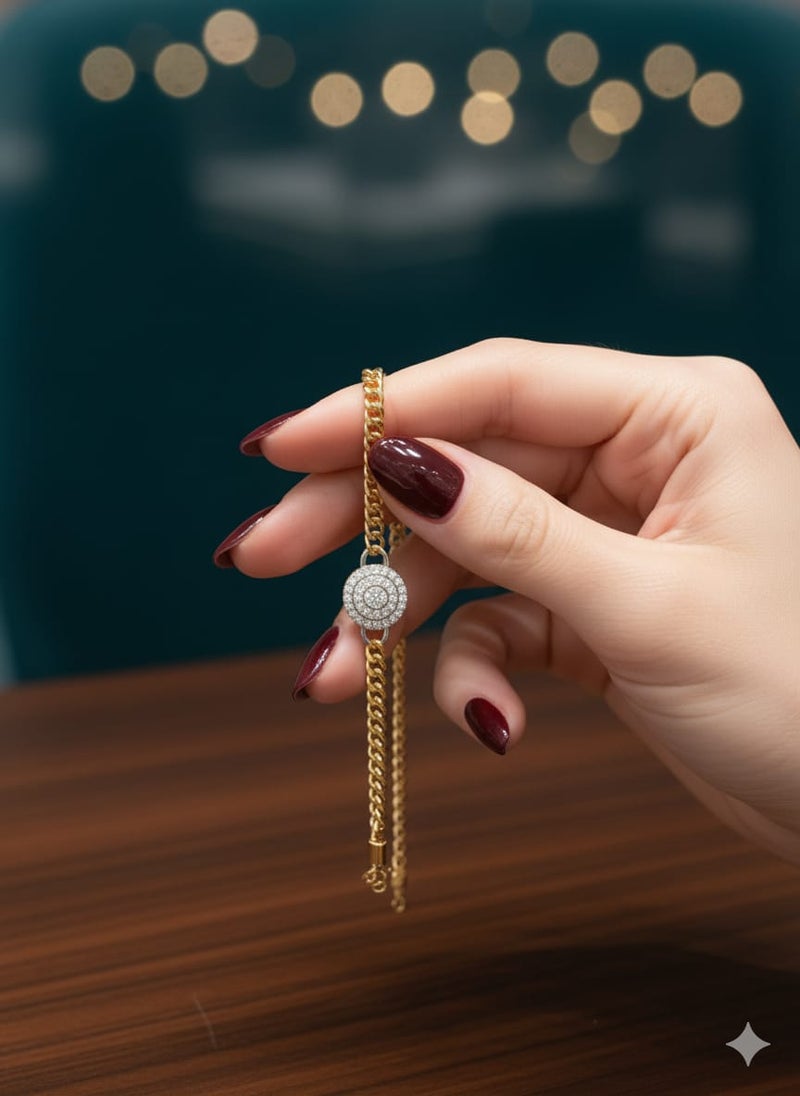 A flowing, thick gold-plated chain design with a circle pendant and a shiny silver-plated center - with additional links for adjusting the size. - Image 2