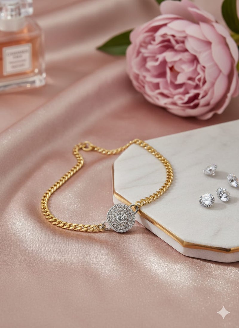 A flowing, thick gold-plated chain design with a circle pendant and a shiny silver-plated center - with additional links for adjusting the size. - Image 3