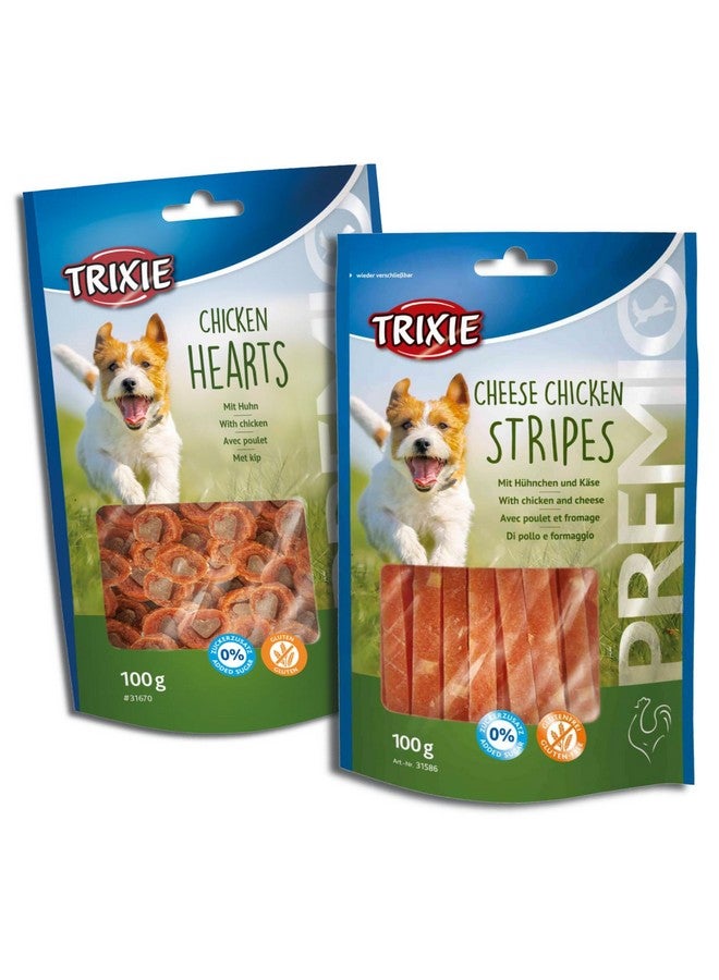 تريكسي مجموعة مكافآت الكلاب الفاخرة: قلوب الدجاج، 100 جرام وشرائح الدجاج بالجبن، 100 جرام - وجبات خفيفة غنية بالبروتين وصحية وتدريبية لجميع سلالات الكلاب - Image 1