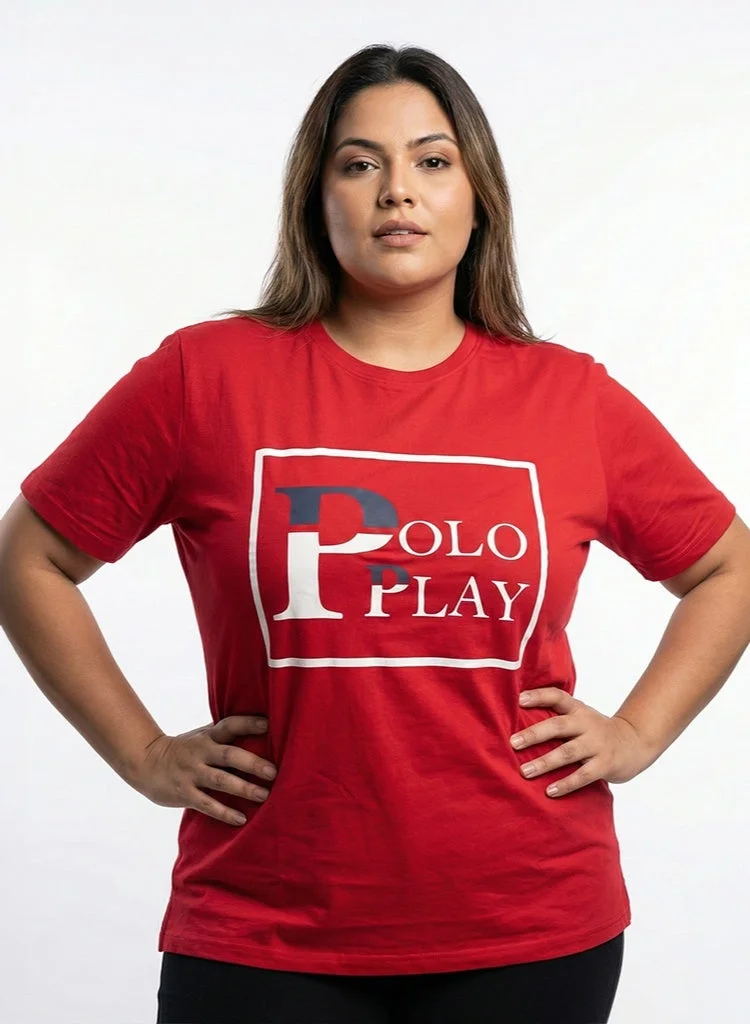 لعب البولو تيشيرت نسائي برسومات - أحمر