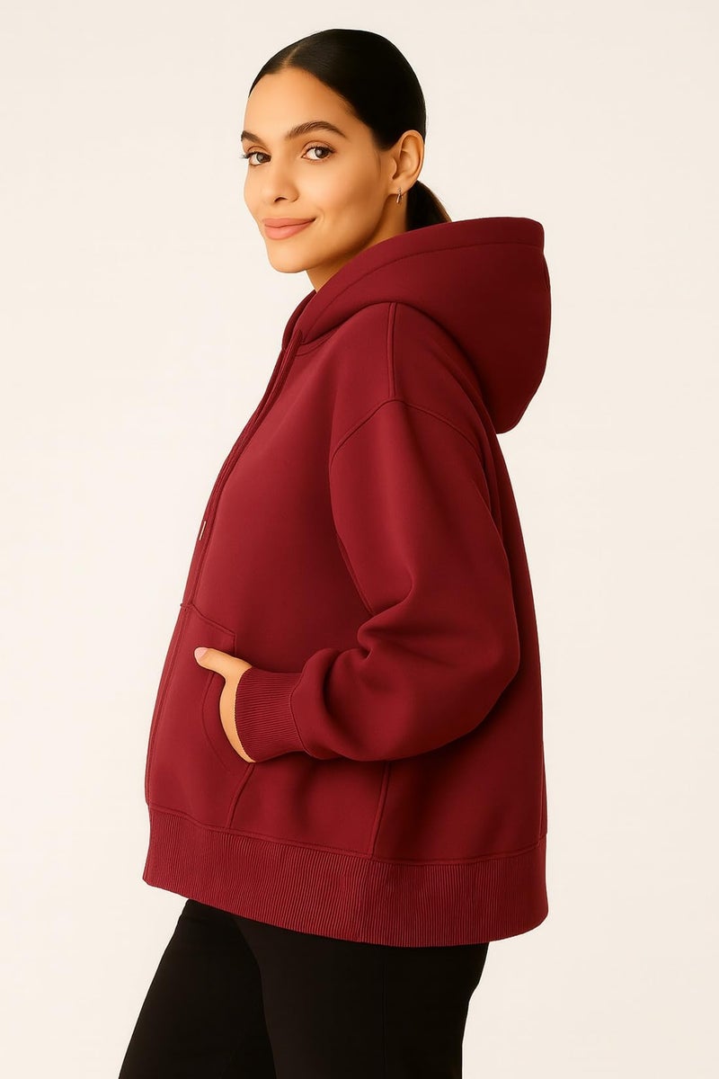 ADBUCKS Women's Oversized Winter Jacket Sweatshirts Casual Drawstring Clothes Zip Up Hoodie with Front Pocket Ii Womens Hoodies Ii (in, Alpha, 5XL, Maroon) - Image 2