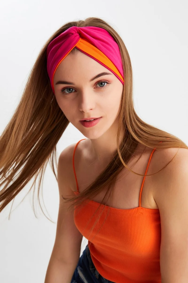 بوتيكجيز Orange-Fuchsia Women's Trend Style Cotton Combed Cotton, Non-Slip, Soft, Flexible, Hair Band Bandana