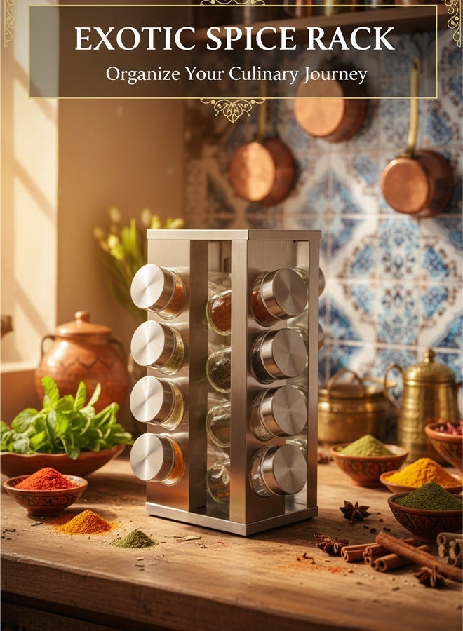 Sharpdo 360° Rotating Spice Rack, Stainless Steel Spice Organizer with 16 Glass Spice Jars, Sealed Spice Container Set for Kitchen Countertop, Exotic Spice Storage for Middle Eastern Cuisine, Ramadan Cooking Prep - Image 1