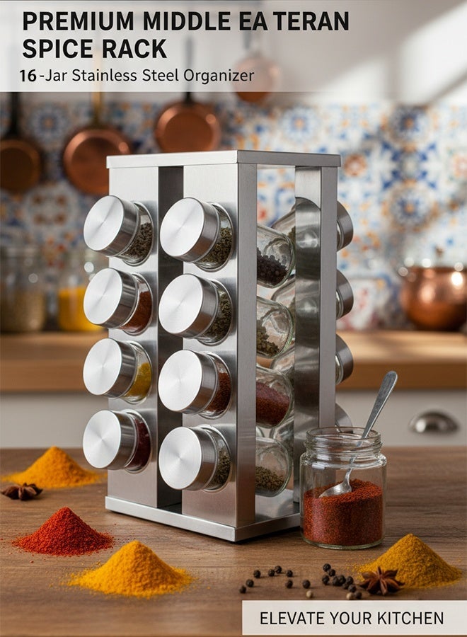 Sharpdo 360° Rotating Spice Rack, Stainless Steel Spice Organizer with 16 Glass Spice Jars, Sealed Spice Container Set for Kitchen Countertop, Exotic Spice Storage for Middle Eastern Cuisine, Ramadan Cooking Prep - Image 3