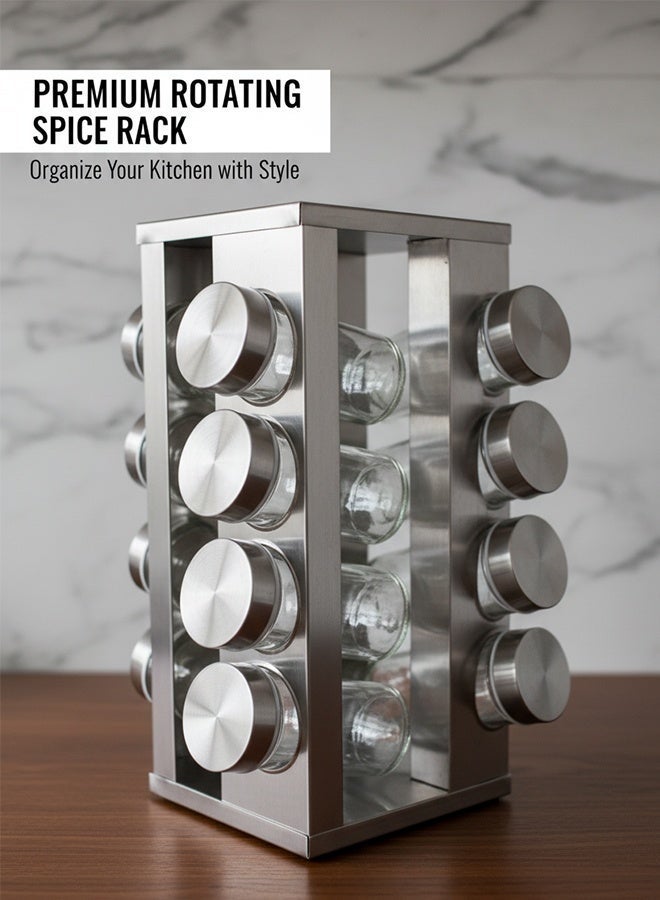 Sharpdo 360° Rotating Spice Rack, Stainless Steel Spice Organizer with 16 Glass Spice Jars, Sealed Spice Container Set for Kitchen Countertop, Exotic Spice Storage for Middle Eastern Cuisine, Ramadan Cooking Prep - Image 4
