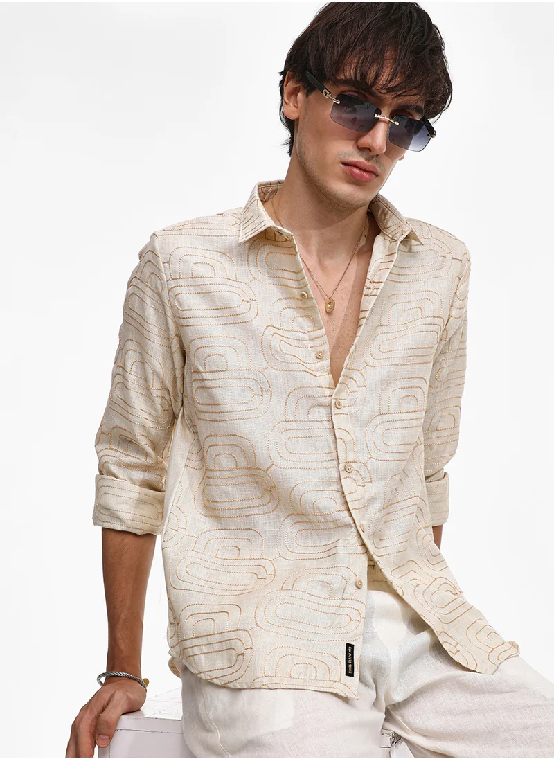 Campus Sutra Men's Khaki Beige Curve-Lined Shirt