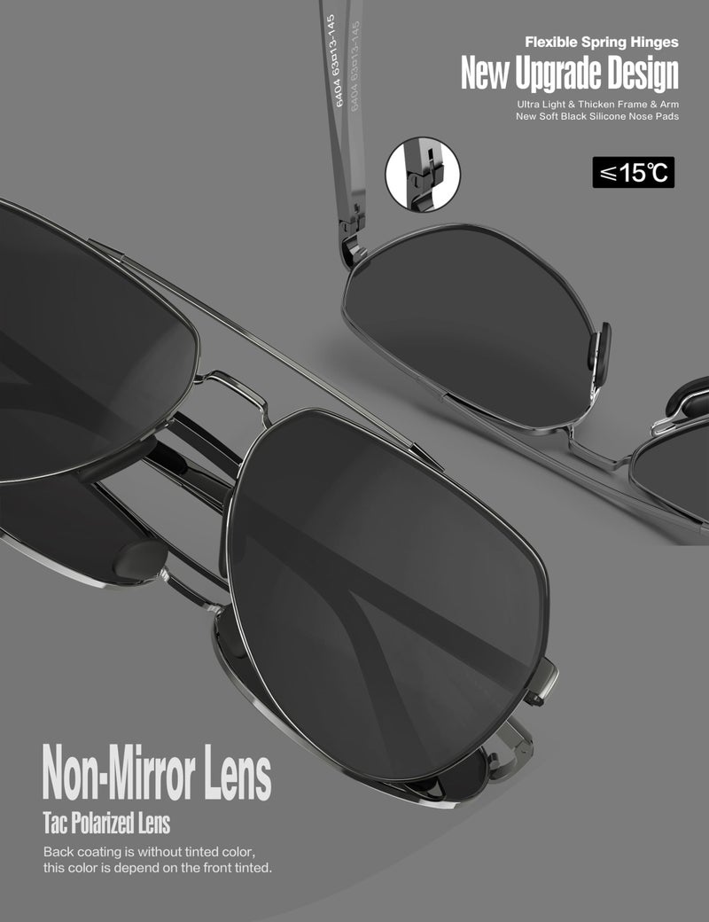 LUENX Men Women Aviator Sunglasses Polarized Shades Flexible Spring Hinge - Black Lens Gunmetal Metal Frame 60mm - Image 5