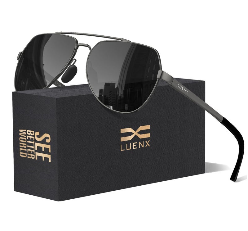 LUENX Men Women Aviator Sunglasses Polarized Shades Flexible Spring Hinge - Black Lens Gunmetal Metal Frame 60mm - Image 1