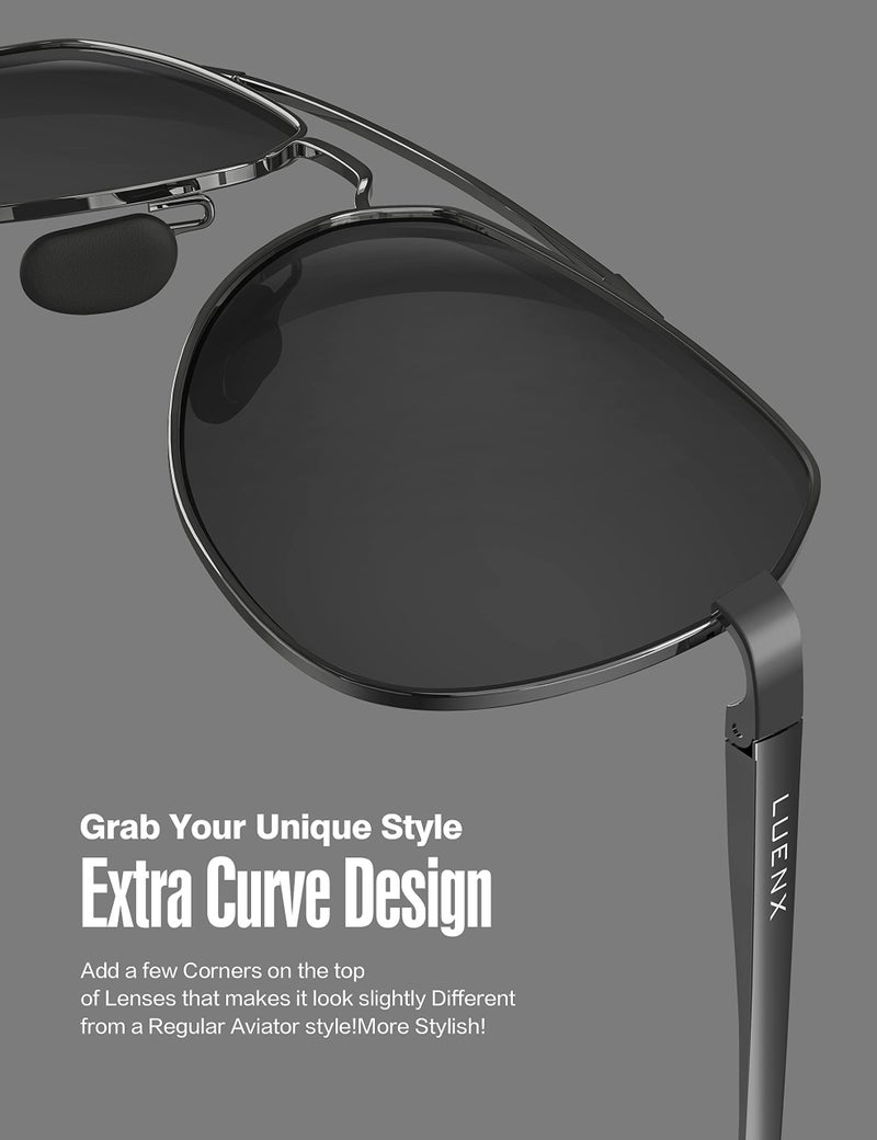 LUENX Men Women Aviator Sunglasses Polarized Shades Flexible Spring Hinge - Black Lens Gunmetal Metal Frame 60mm - Image 4