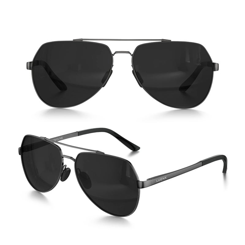LUENX Men Women Aviator Sunglasses Polarized Shades Flexible Spring Hinge - Black Lens Gunmetal Metal Frame 60mm - Image 3
