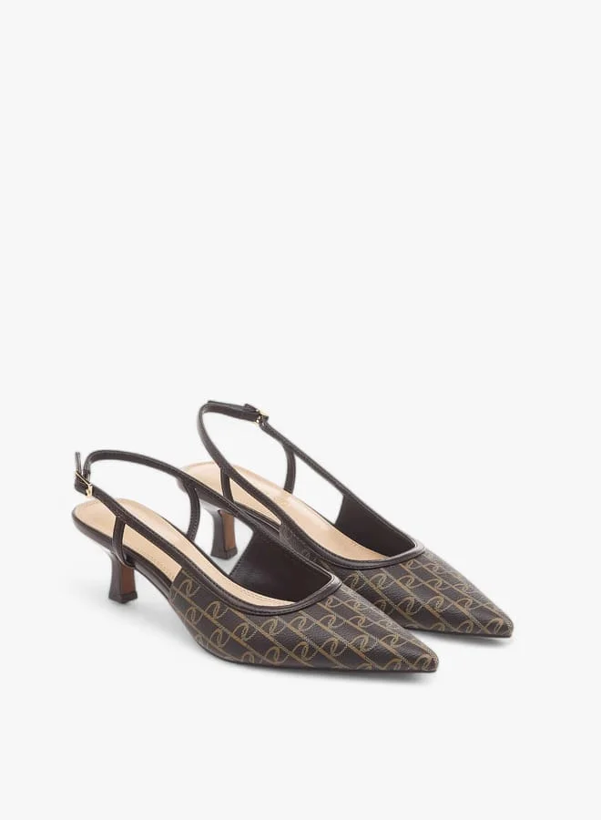 Paprika Women's Monogram Print Slingback Shoes with Kitten Heels and Buckle Closure