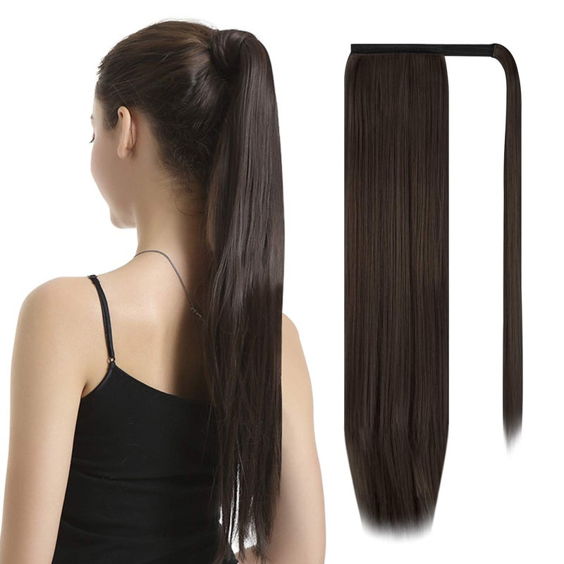 BARSDAR Dark Brown Straight Ponytail Extension - 28 Inch Long Straight Wrap Around Ponytail for Women, Clip in Ponytails Hair Extensions Synthetic Brown Pony Tails Hairpieces Daily - Image 1