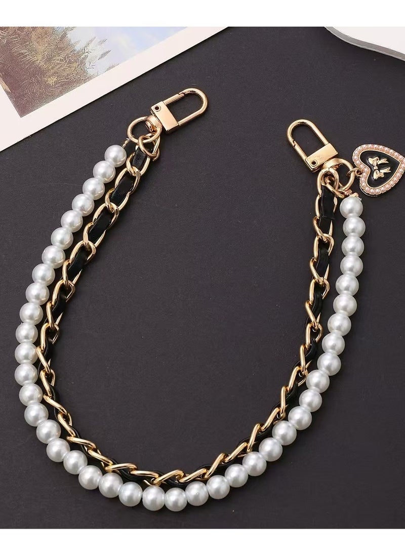 Sparkle Accessories Wrist Strap, Pearl and Gold Dual-Chain Lanyard Anti-Lost Phone Strap - Secure and Stylish for Phones, Cameras, Bags, and Water Bottles 