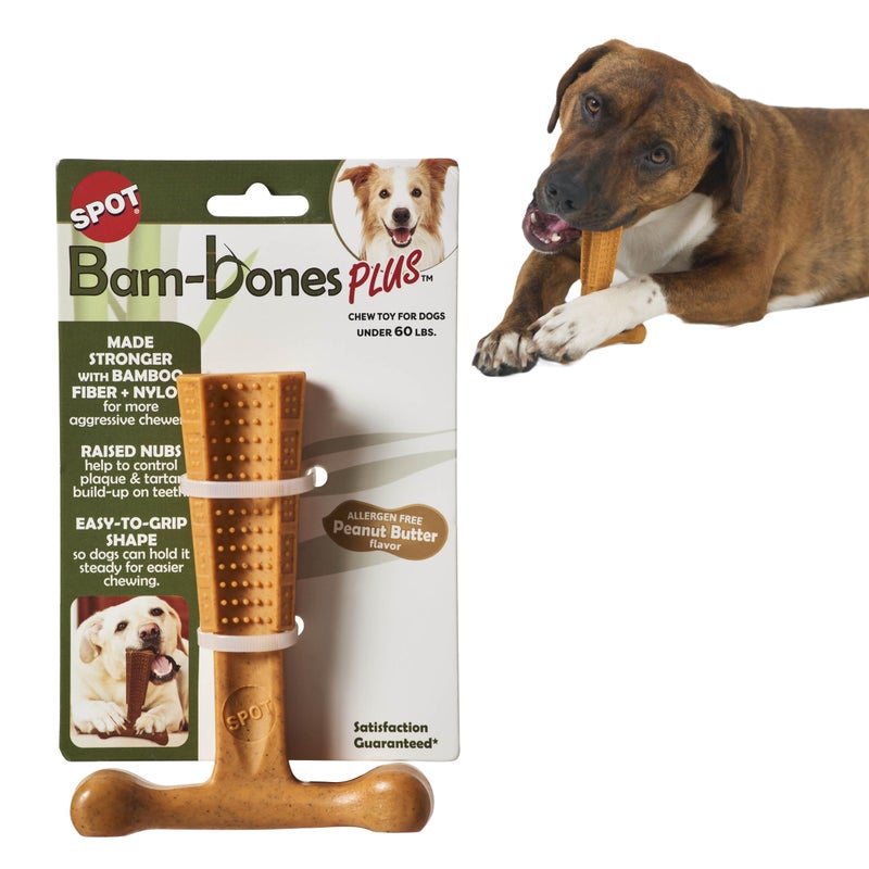 SPOT Bam-Bones Plus T Bone - Bamboo Fiber & Nylon, Durable Long Lasting Dog Chew for Aggressive Chewers â€“ Toy for Dogs & Puppies Under 60lbs, Non-Splintering, 6in, Allergen Free Peanut Butter Flavor - Image 1