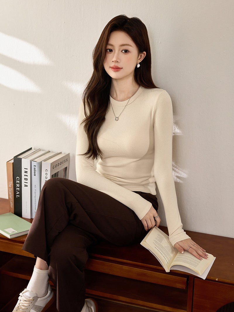 # Double-Sided Brushed # Fine Mousse Cashmere Soft Waxy T-Shirt Women'S Long-Sleeved 2025 Inner Layering Shirt - Image 2