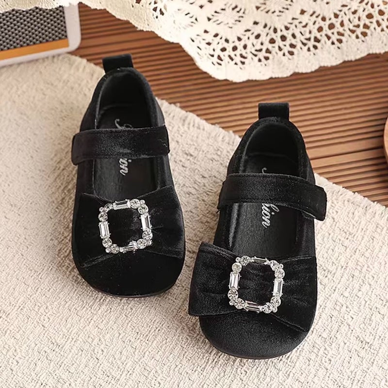 2026 Spring New Children''s Rhinestone Bowknot Leather Shoes Sweetheart Princess Girls'' Velvet Fashion Soft Sole Flats - Image 2
