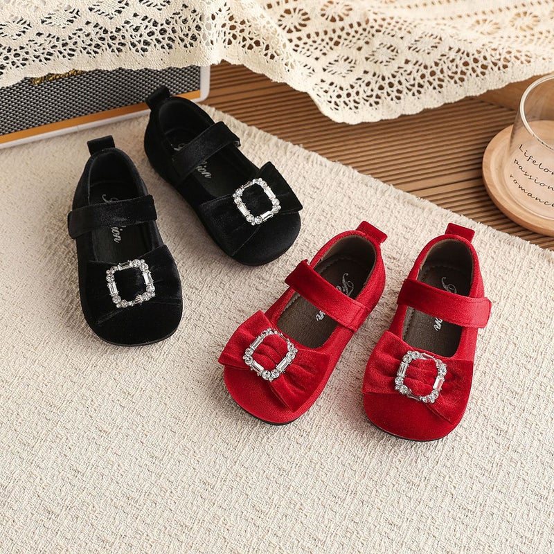 2026 Spring New Children''s Rhinestone Bowknot Leather Shoes Sweetheart Princess Girls'' Velvet Fashion Soft Sole Flats - Image 3