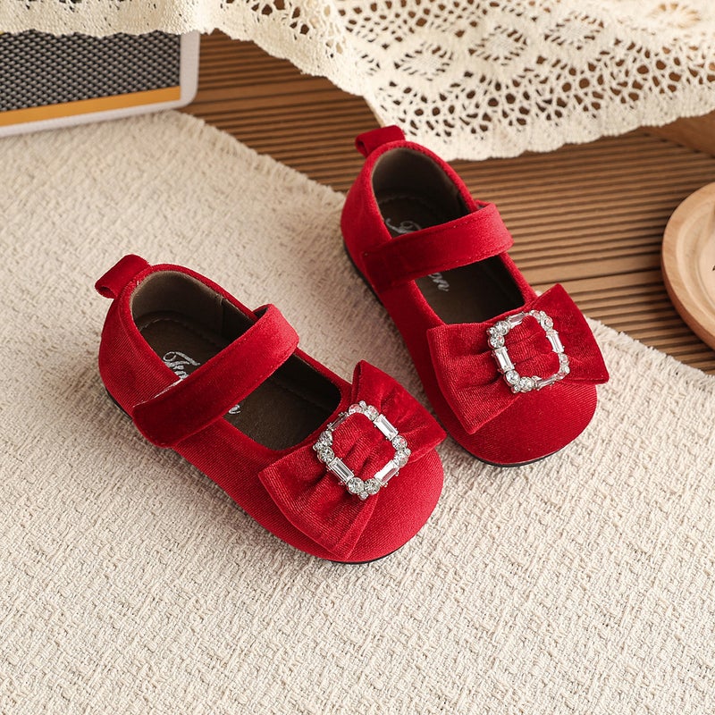 2026 Spring New Children''s Rhinestone Bowknot Leather Shoes Sweetheart Princess Girls'' Velvet Fashion Soft Sole Flats - Image 4