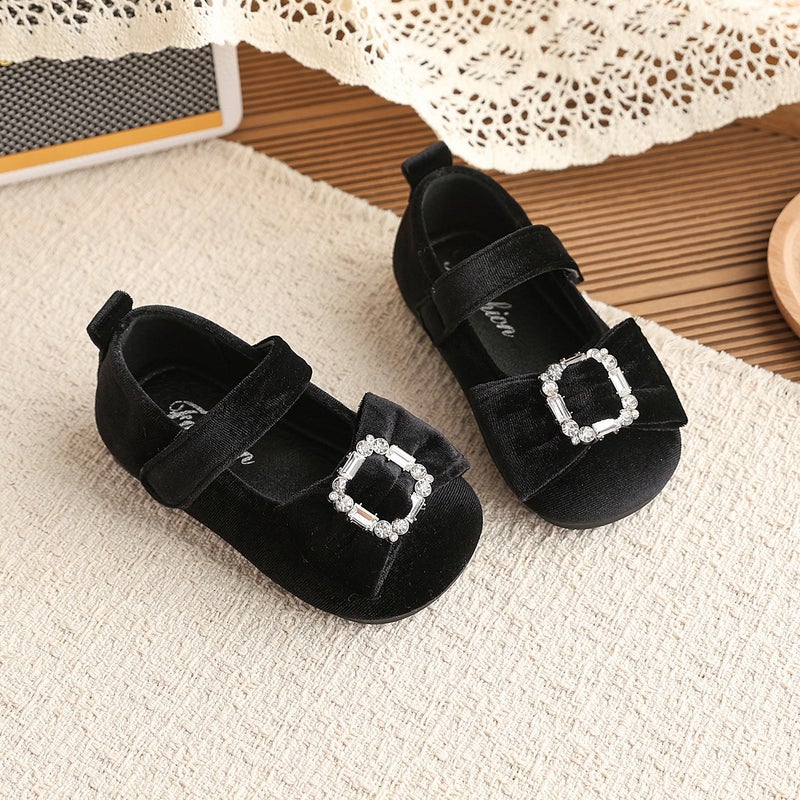 2026 Spring New Children''s Rhinestone Bowknot Leather Shoes Sweetheart Princess Girls'' Velvet Fashion Soft Sole Flats - Image 5