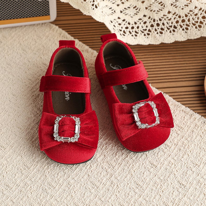 2026 Spring New Children''s Rhinestone Bowknot Leather Shoes Sweetheart Princess Girls'' Velvet Fashion Soft Sole Flats - Image 1