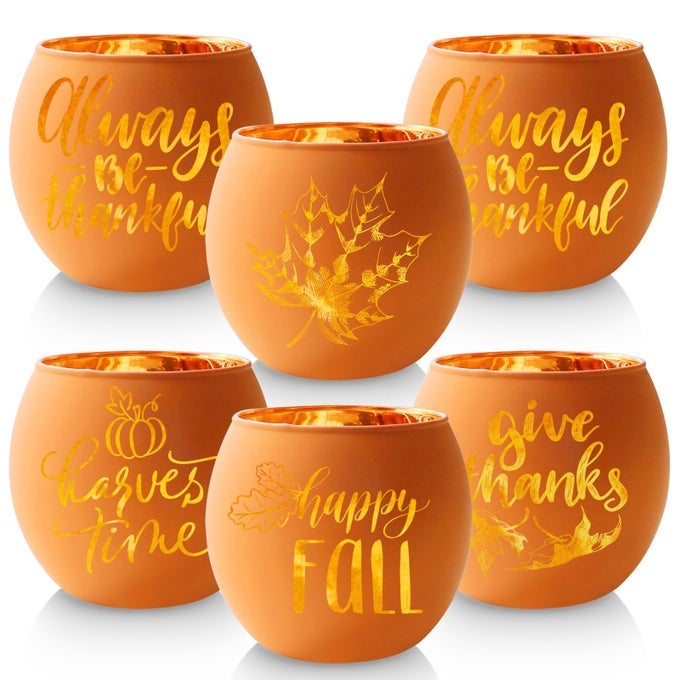 THANKSGIVING CANDLE HOLDERS 6 PIECES ORANGE PUMPKIN GLASS VOTIVE CANDLE HOLDER FOR FALL WEDDING PARTY TABLE CENTERPIECE DCOR THANKSGIVING DECORATIONS INDOOR AND OUTDOOR