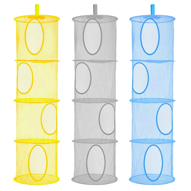 حامل ألعاب LIVEHITOP 4 طبقات 3 قطع قابل للطي يوفر المساحة سلة تخزين دمى شبكية لغرفة الأطفال الحمام الشرفة أزرق رمادي أصفر