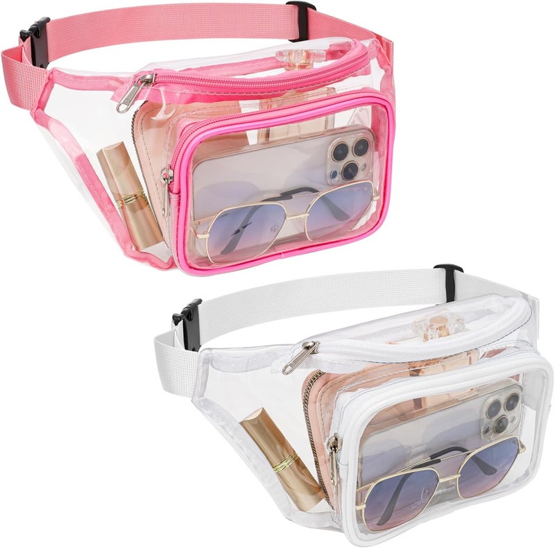 Veckle 2 Pack Clear Fanny Pack Stadium Approved - Adjustable Range 33” - 47“ Belt Bag for Women Men Fits Sport Events, Travel, Beach, Concerts, Stadium Waist Bag, White + Pink - Image 1