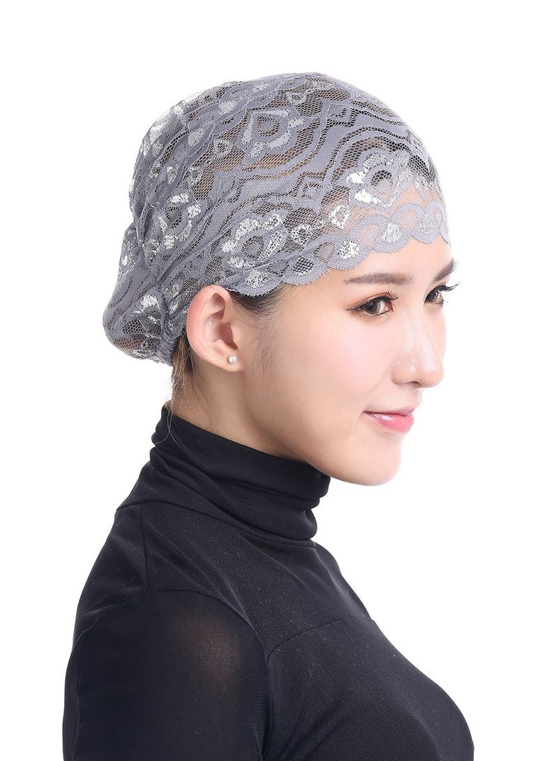 Loquat Women's Solid Color Shiny Lace Hijab Inner Cap Grey  - Image 1