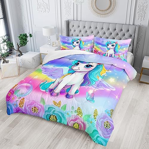 XYNHML Kid Unicorn Comforter Set Twin Size 3Pcs Butterfly Rainbow Flower Star Pattern Quilt Bedding Set for Boys Girls with 1 Comforter and 2 Pillowcases - Image 2